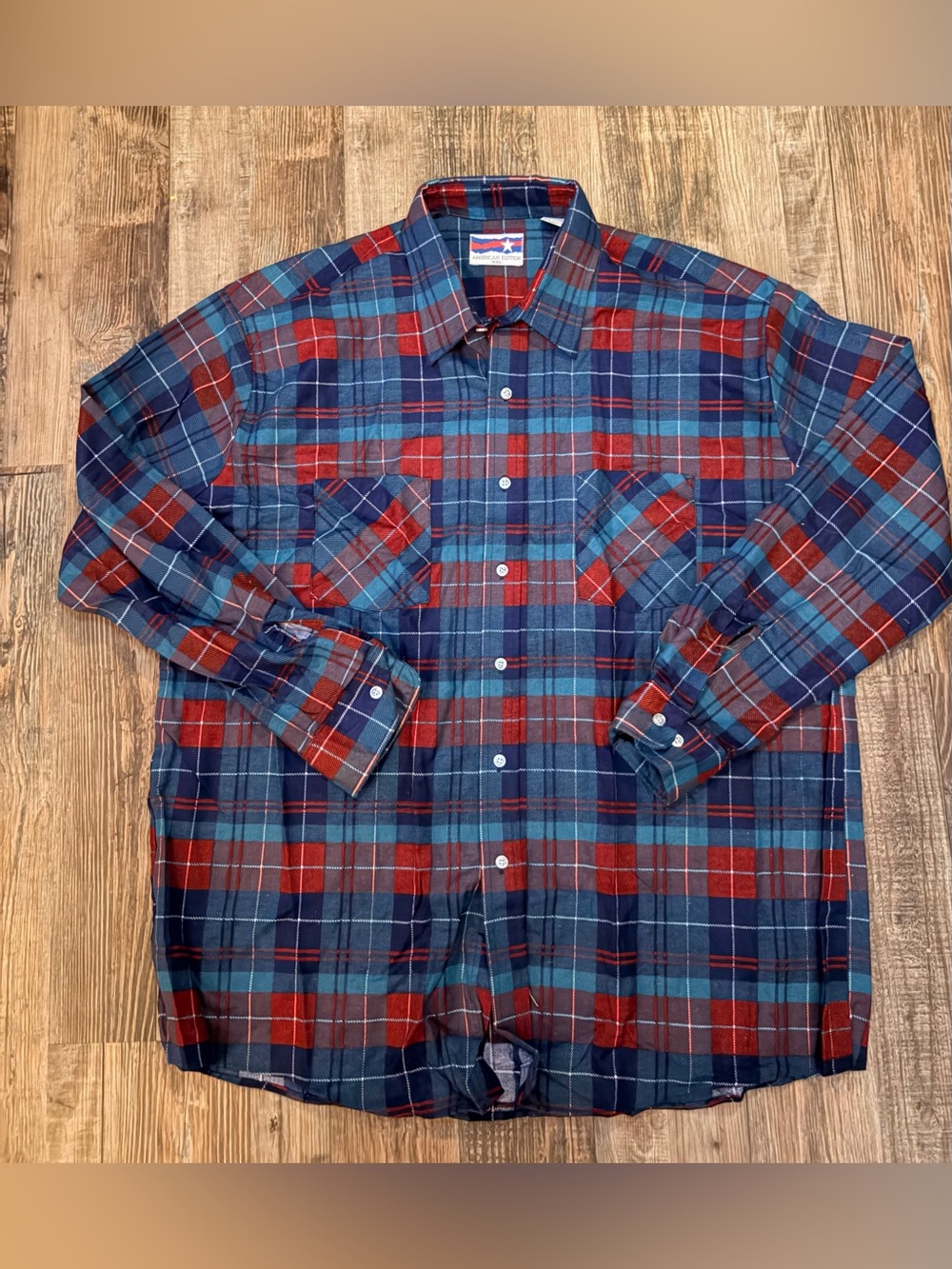 American Edition XXL Plaid Flannel Button Up Shirt Red Blue 90s Style Grunge